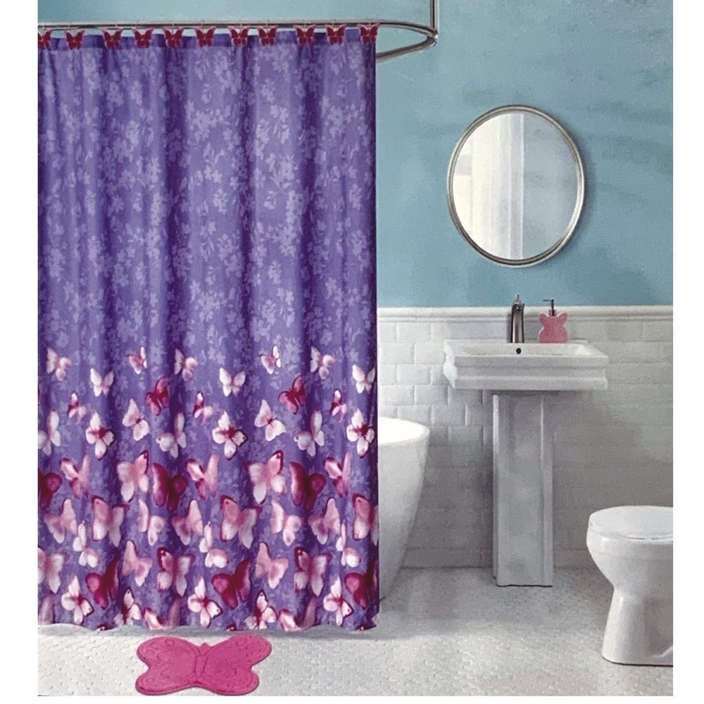 Matt & Maddie Butterfly Fabric Shower Curtain Floral 70 x 72 Inch Pink Purple